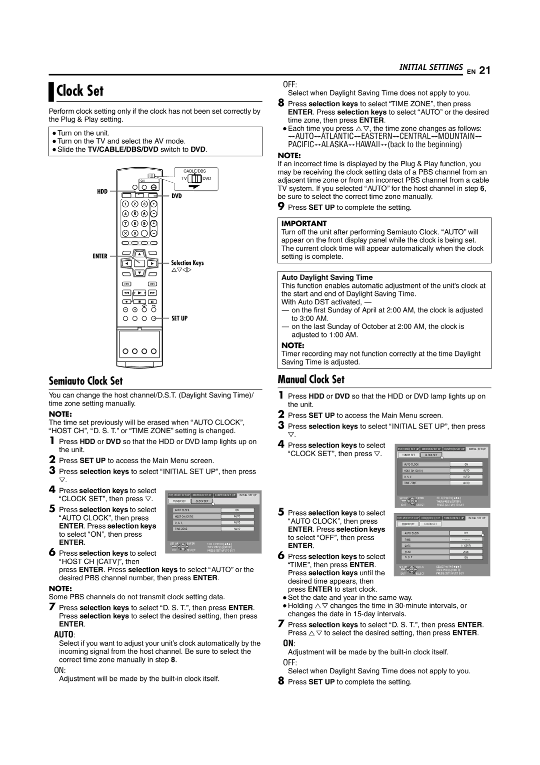 JVC DR-DX5SU manual Semiauto Clock Set, Manual Clock Set, Enter 