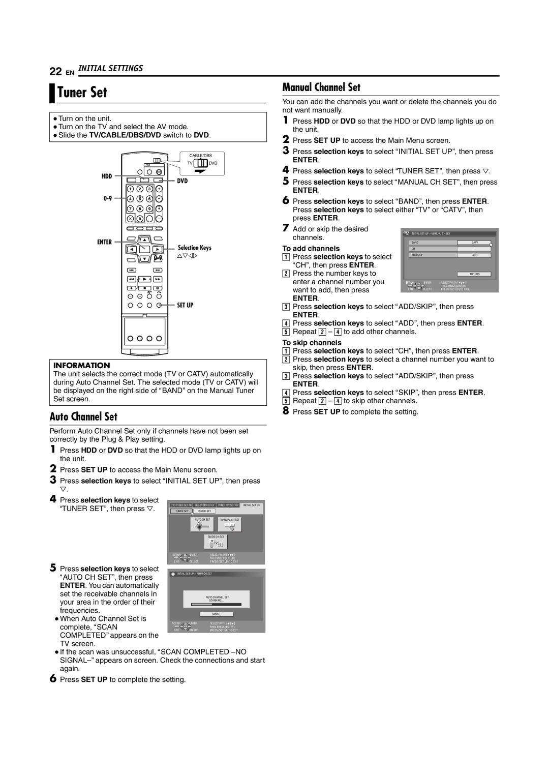 JVC DR-DX5SU manual Tuner Set, Manual Channel Set, Auto Channel Set, To add channels, To skip channels 