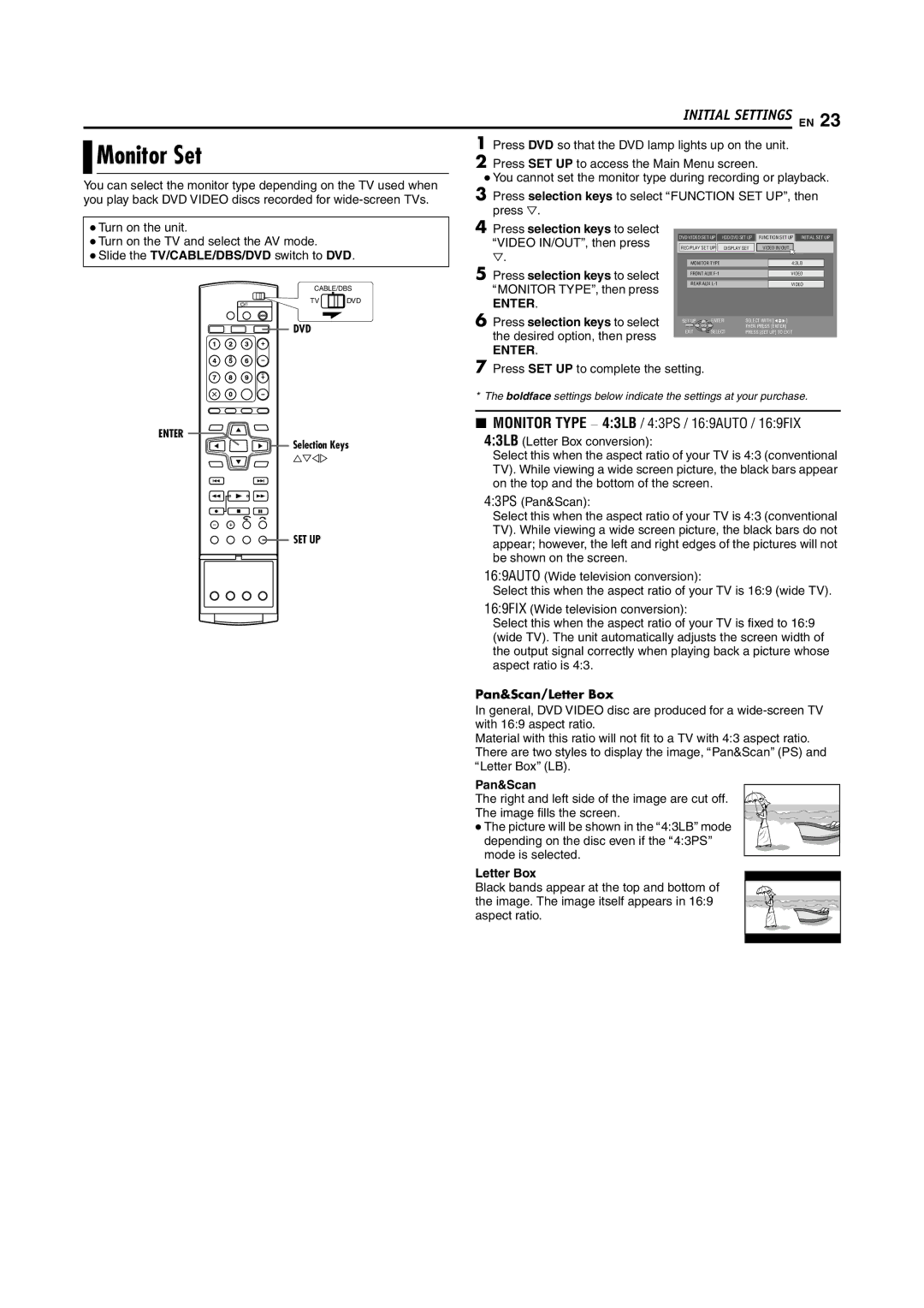 JVC DR-DX5SU manual Monitor Set, Pan&Scan/Letter Box 