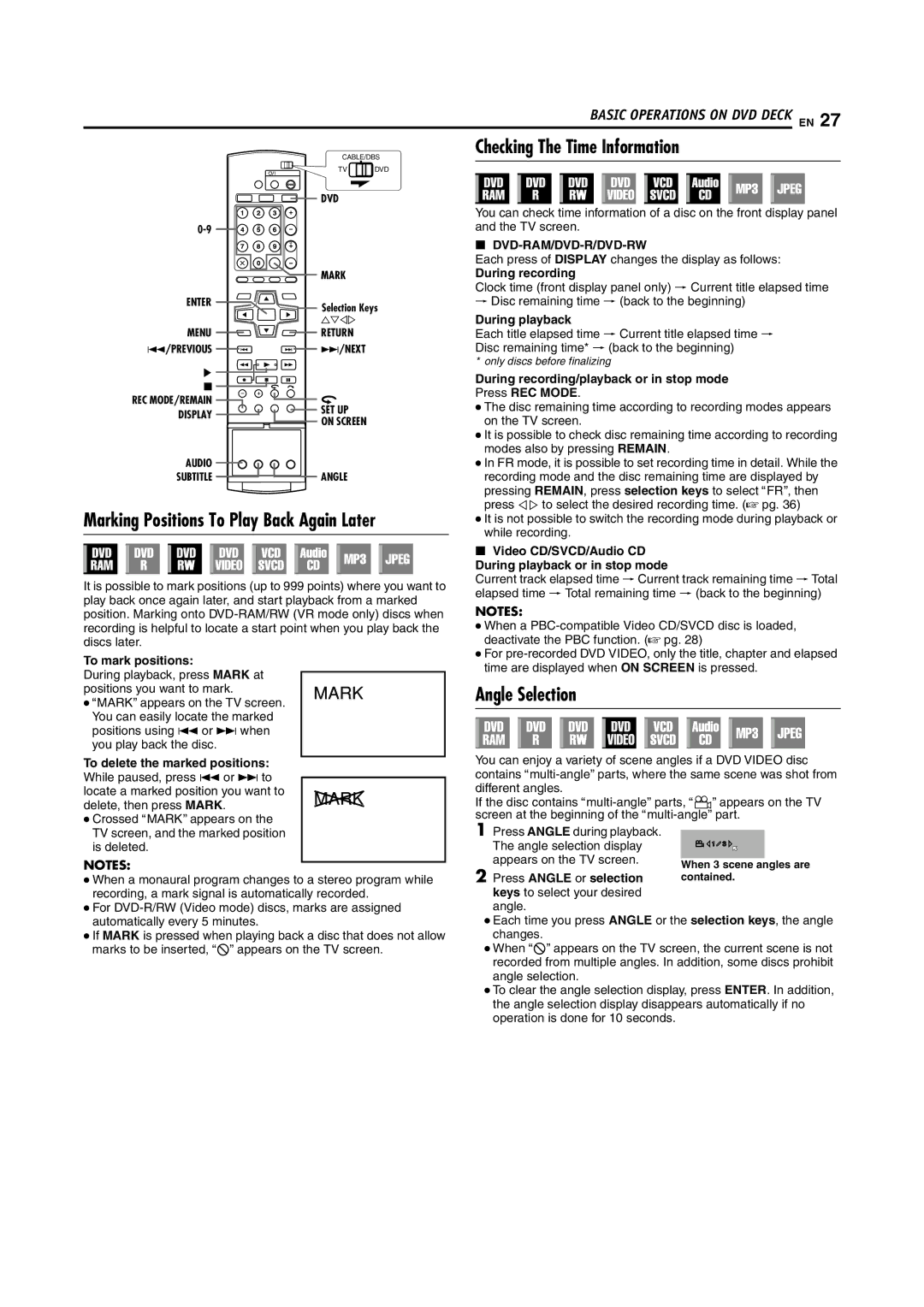 JVC DR-DX5SU manual Marking Positions To Play Back Again Later, Checking The Time Information, Angle Selection 