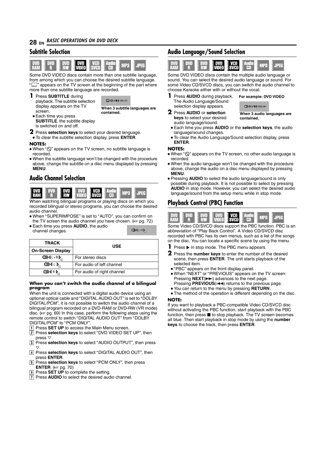 JVC DR-DX5SU Subtitle Selection Audio Language/Sound Selection, Audio Channel Selection, Playback Control PBC Function 