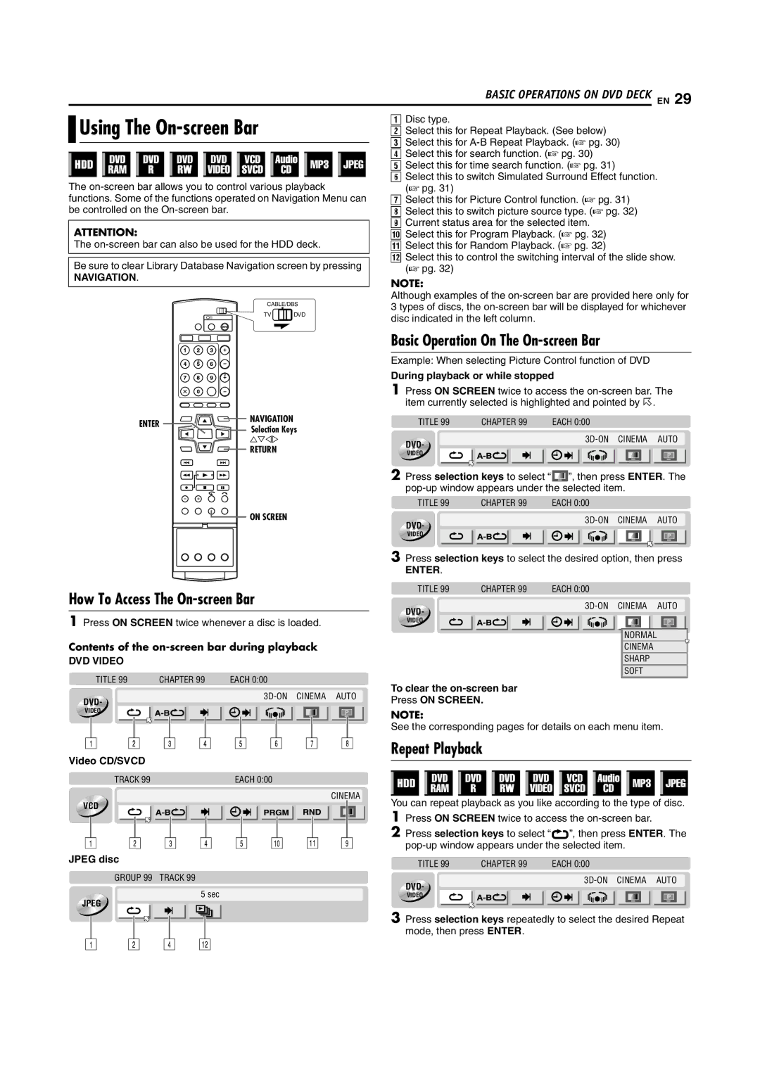 JVC DR-DX5SU manual Basic Operation On The On-screen Bar, How To Access The On-screen Bar, Repeat Playback, Navigation 