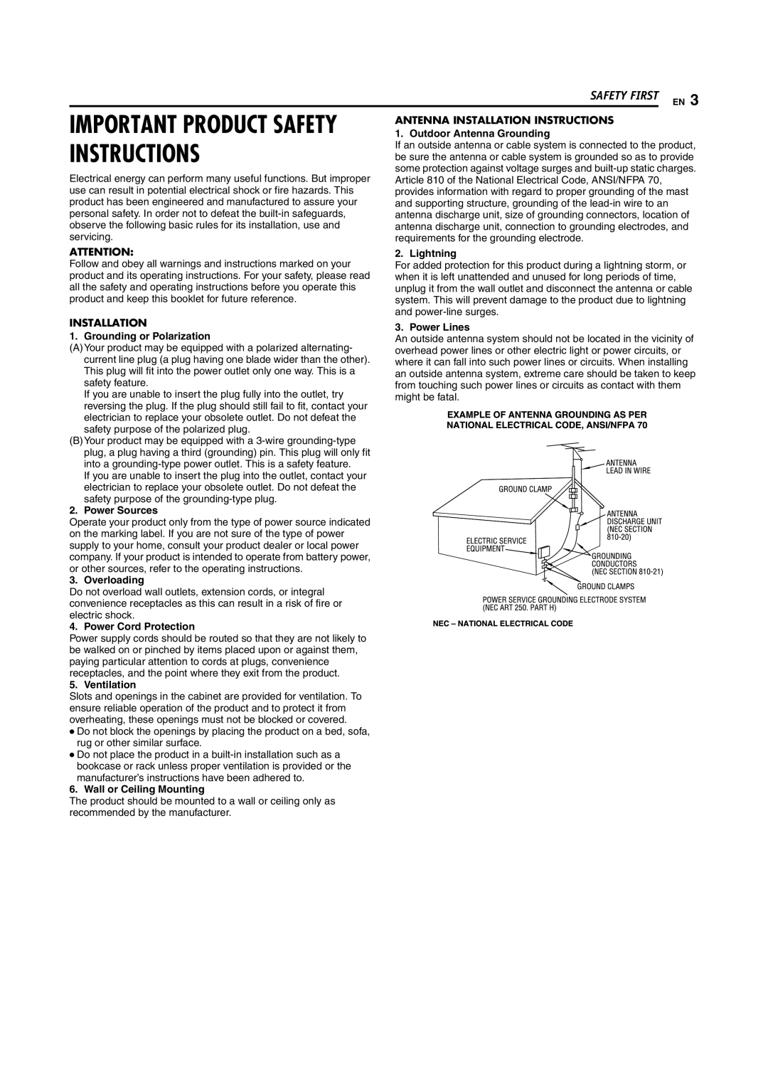 JVC DR-DX5SU Outdoor Antenna Grounding, Lightning, Power Lines, Grounding or Polarization, Power Sources, Overloading 