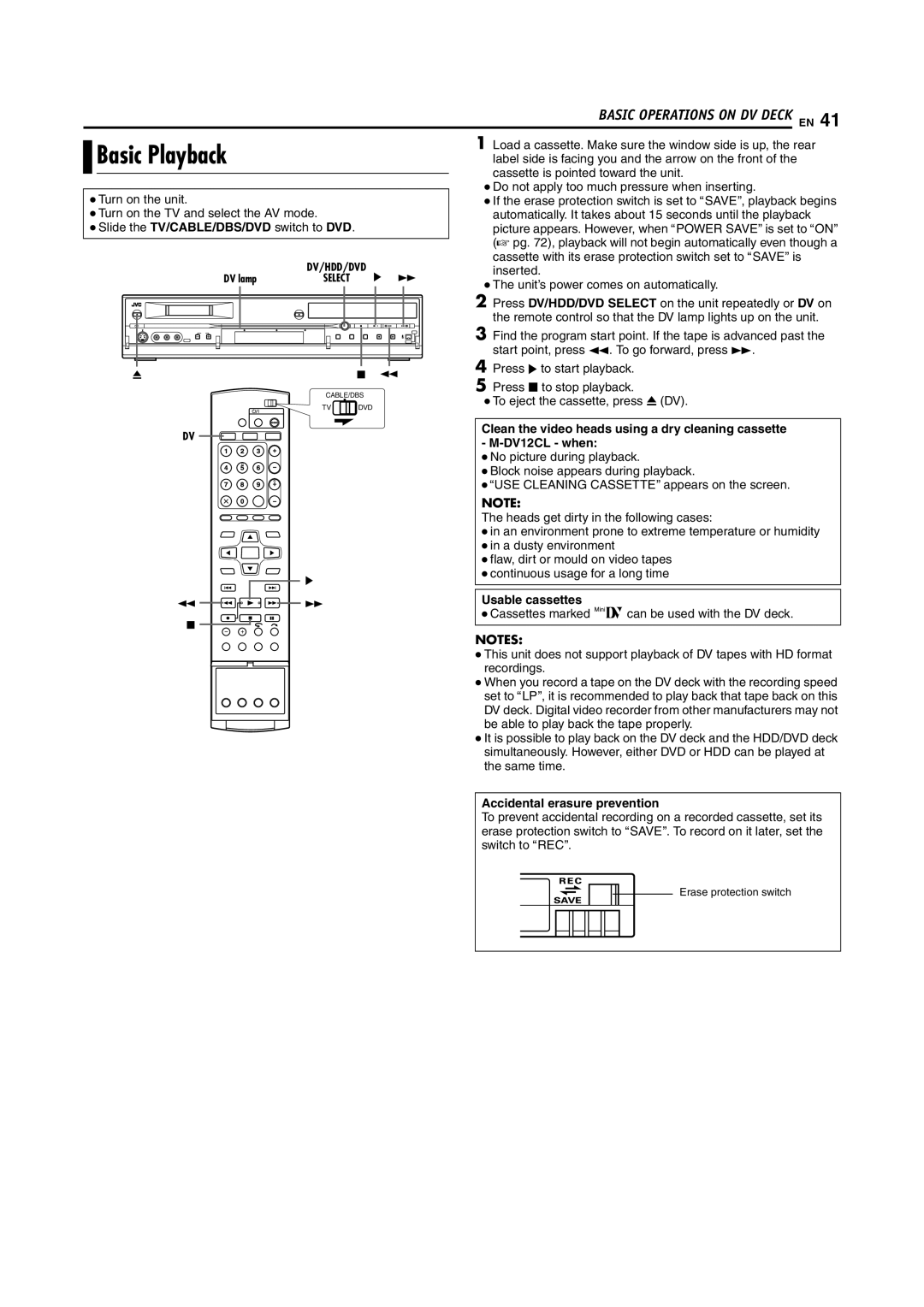 JVC DR-DX5SU manual Usable cassettes, Accidental erasure prevention 