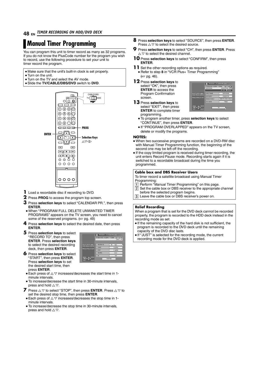 JVC DR-DX5SU Manual Timer Programming, Press selection keys to set, Cable box and DBS Receiver Users, Relief Recording 