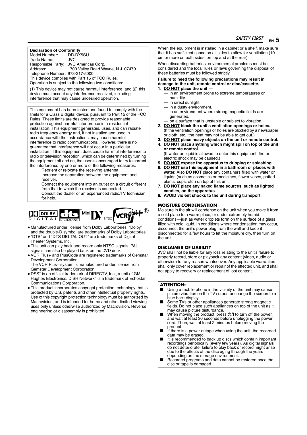 JVC DR-DX5SU manual Declaration of Conformity, Do not place the unit, Do not block the unit’s ventilation openings or holes 