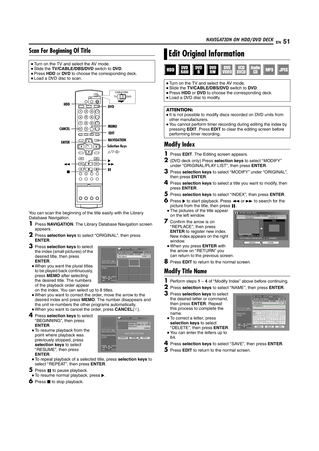 JVC DR-DX5SU manual Edit Original Information, Scan For Beginning Of Title, Modify Index, Modify Title Name 