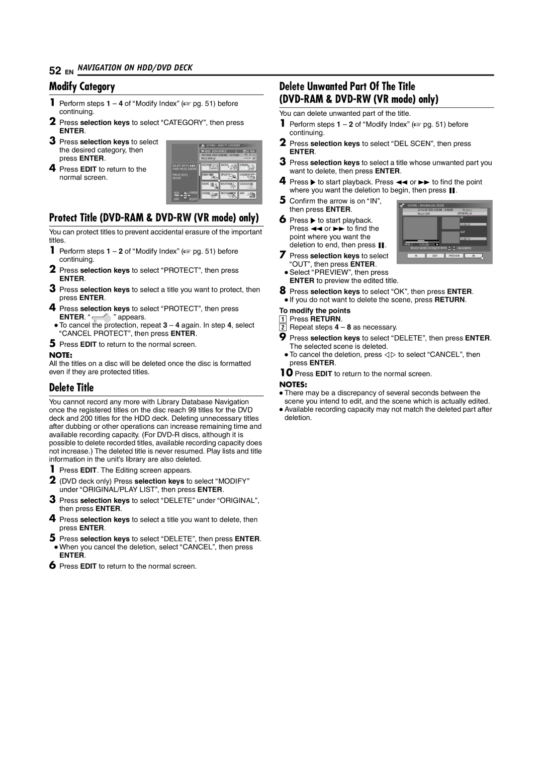 JVC DR-DX5SU manual Modify Category, Delete Title, To modify the points, ENTER. a 