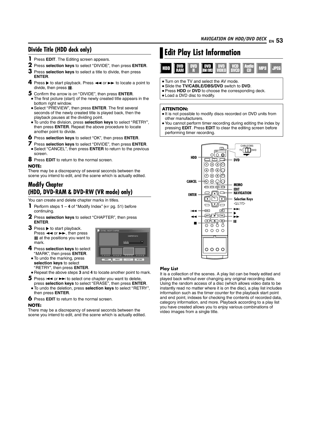 JVC DR-DX5SU manual Edit Play List Information, Divide Title HDD deck only, Modify Chapter, Selection keys to select 