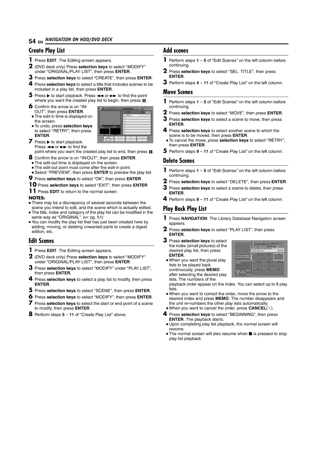 JVC DR-DX5SU manual Create Play List, Move Scenes, Delete Scenes, Play Back Play List, Edit Scenes 