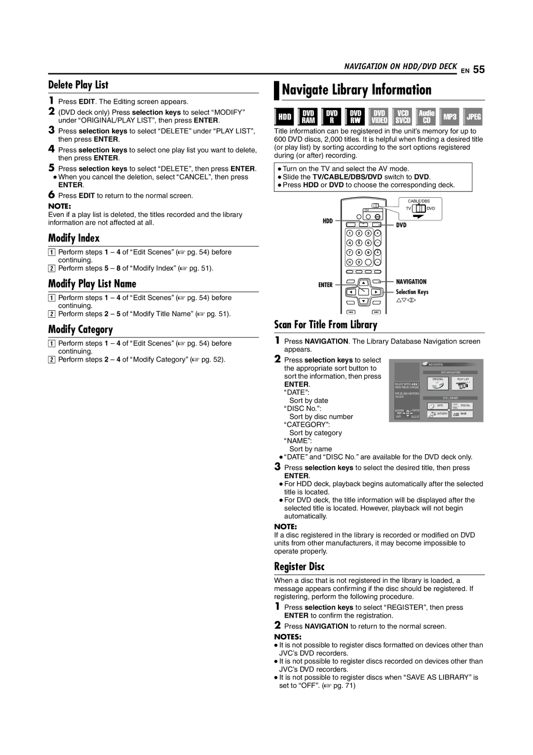 JVC DR-DX5SU manual Navigate Library Information, Delete Play List, Modify Play List Name, Scan For Title From Library 