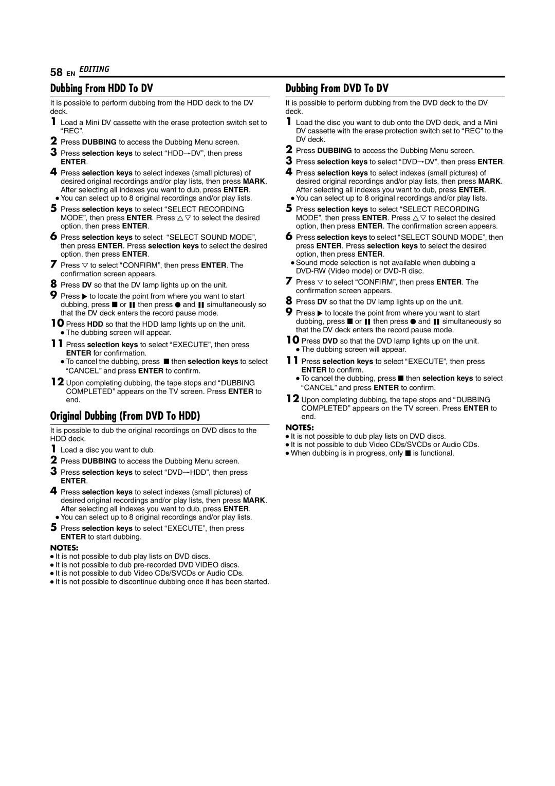 JVC DR-DX5SU manual Dubbing From HDD To DV, Original Dubbing From DVD To HDD, Dubbing From DVD To DV 