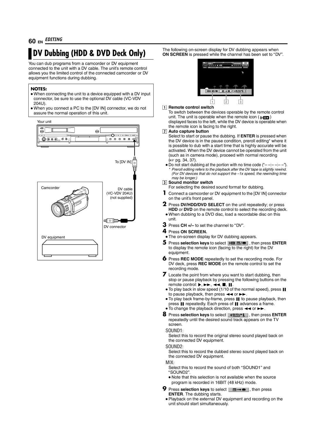 JVC DR-DX5SU manual Remote control switch, Auto capture button, Sound monitor switch 