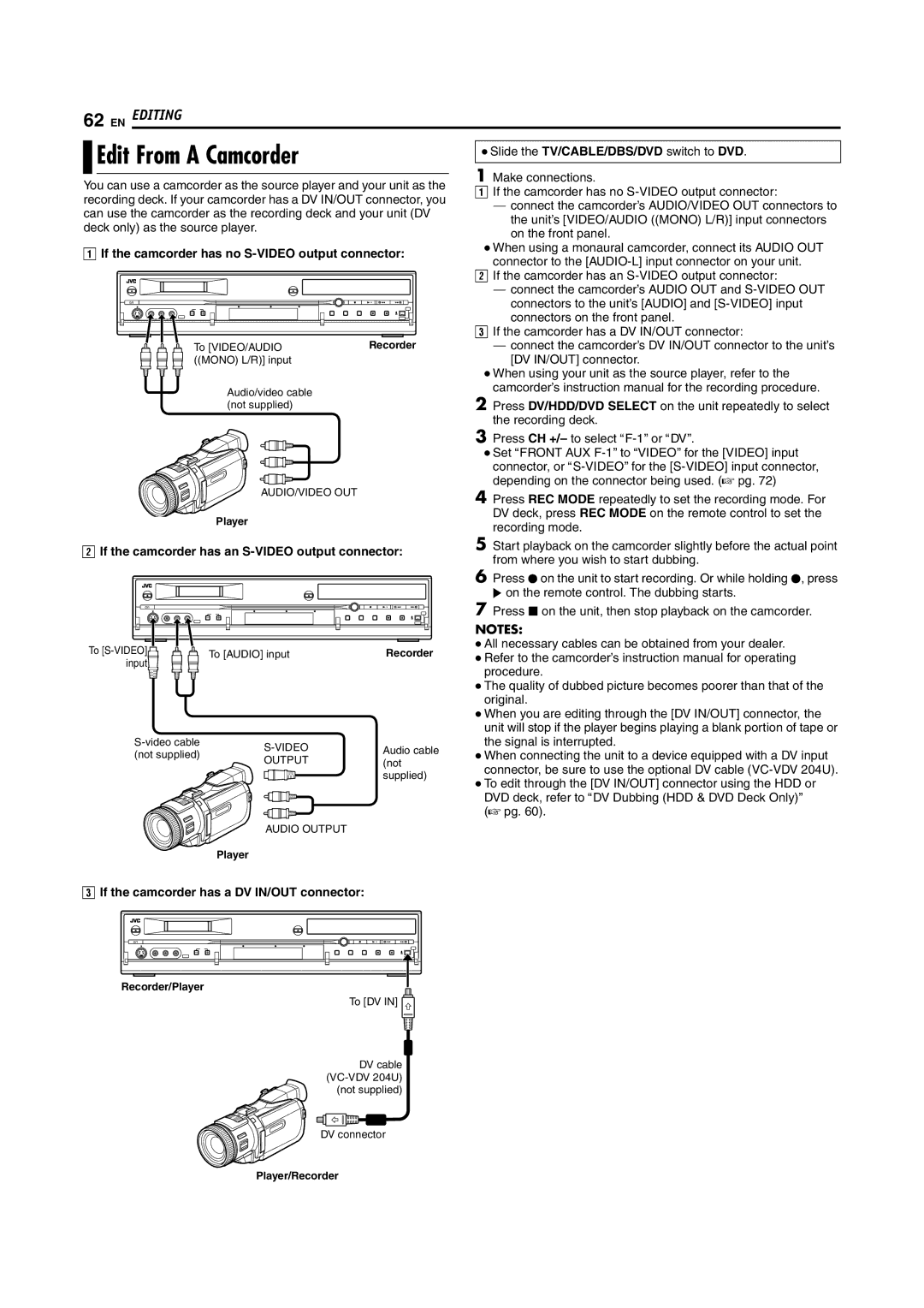 JVC DR-DX5SU manual If the camcorder has no S-VIDEO output connector, If the camcorder has an S-VIDEO output connector 