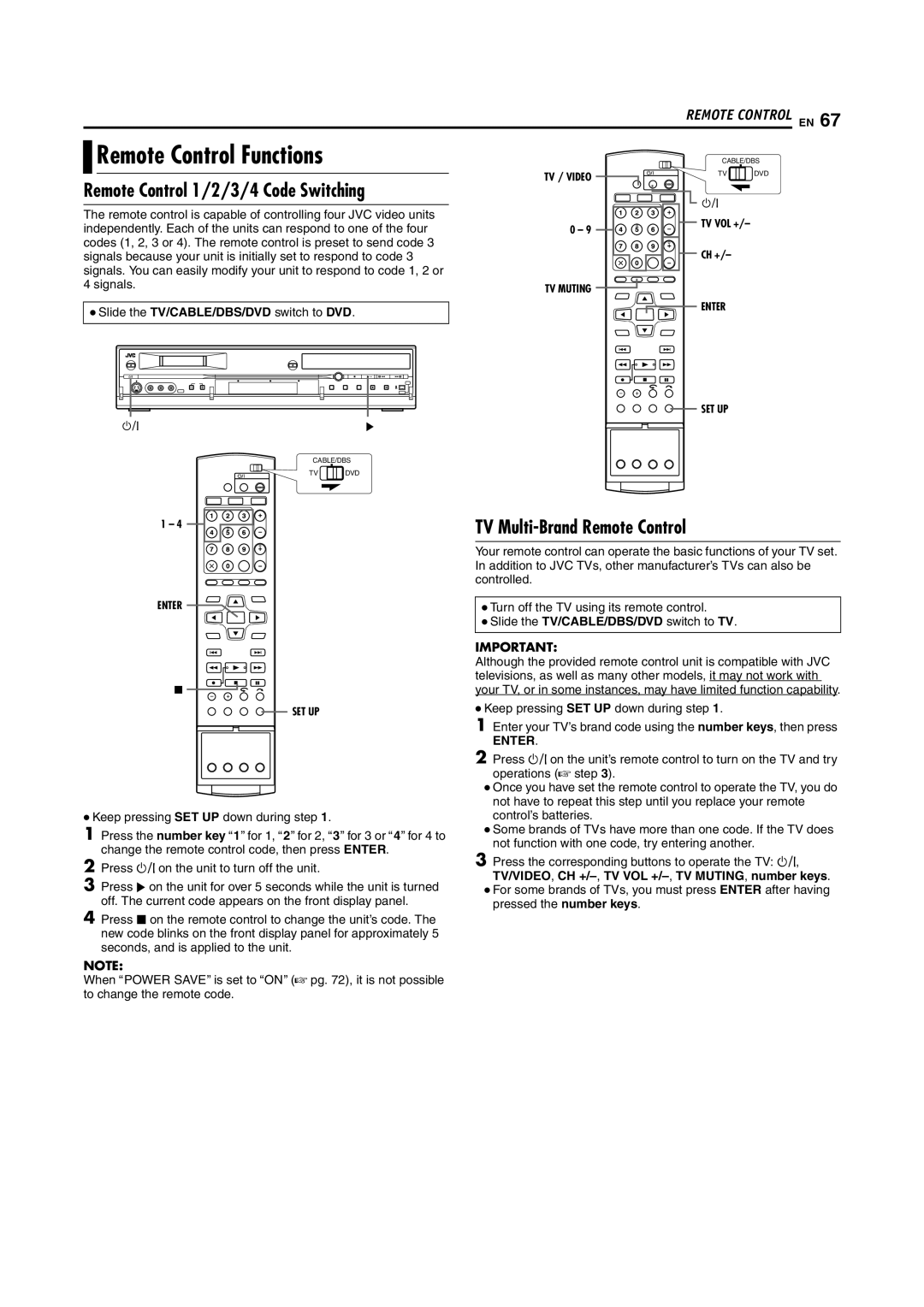 JVC DR-DX5SU manual Remote Control Functions, Remote Control 1/2/3/4 Code Switching, TV Multi-Brand Remote Control 