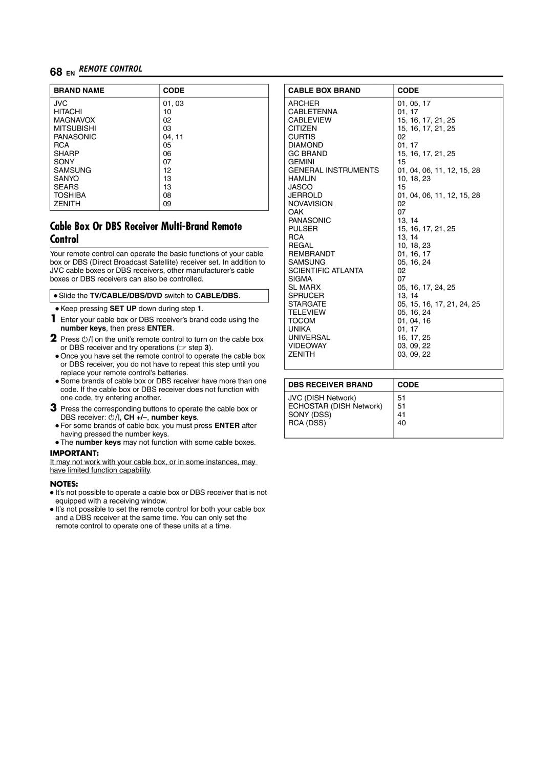 JVC DR-DX5SU manual Cable Box Or DBS Receiver Multi-Brand Remote Control, Brand Name Code, Cable BOX Brand Code 