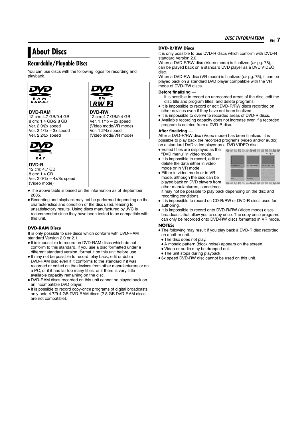 JVC DR-DX5SU manual About Discs, DVD-R/RW Discs, Before finalizing, After finalizing, DVD-RAM Discs 