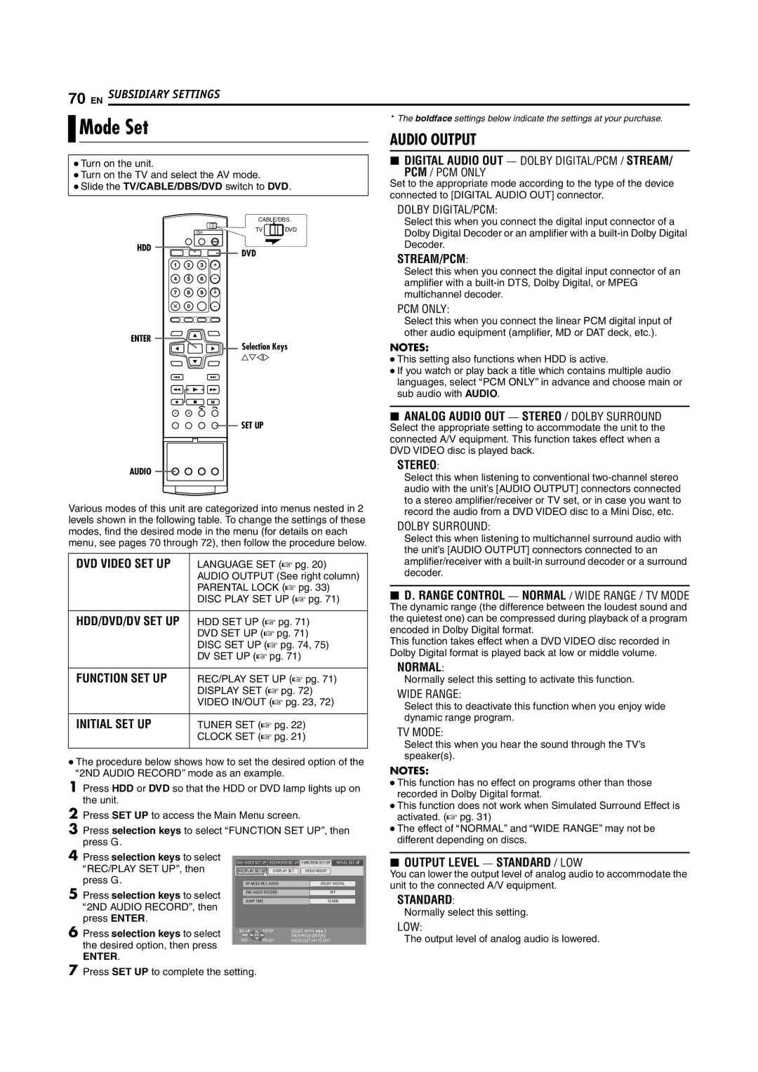 JVC DR-DX5SU manual Mode Set 