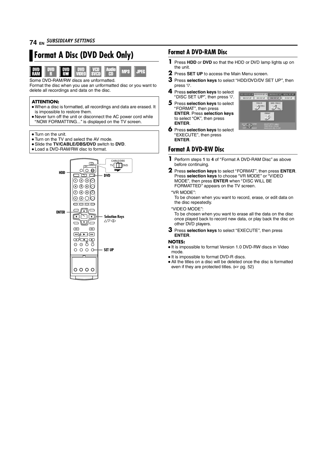 JVC DR-DX5SU manual Format a DVD-RW Disc 