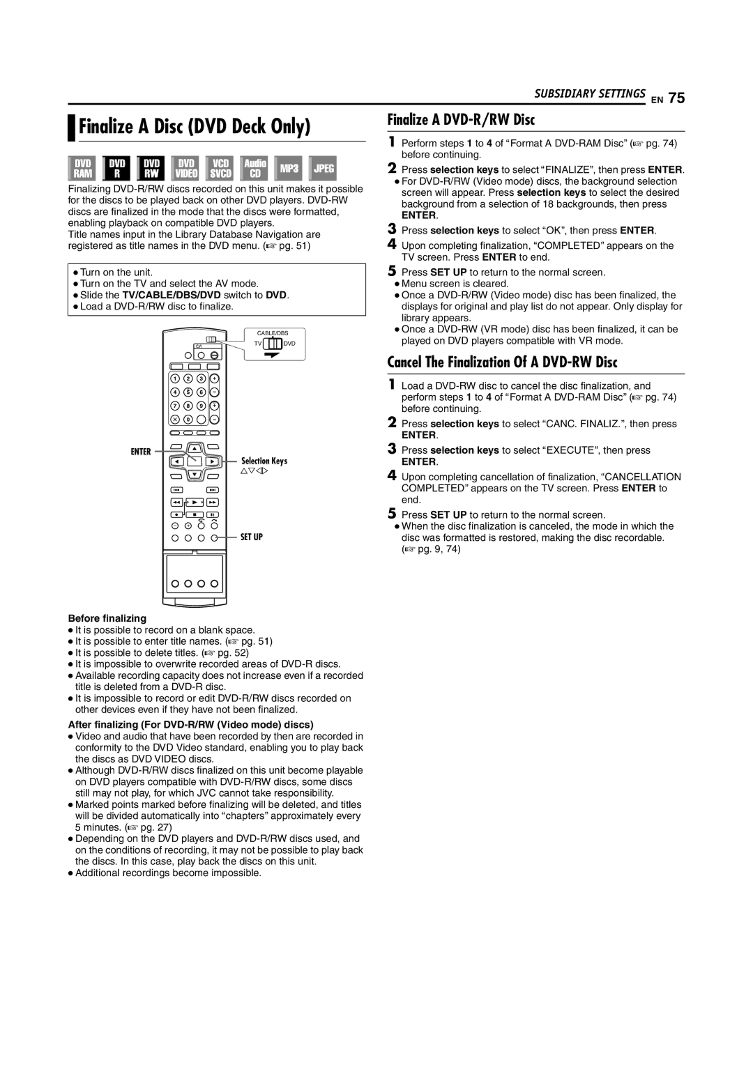 JVC DR-DX5SU manual Finalize a Disc DVD Deck Only, Finalize a DVD-R/RW Disc, Cancel The Finalization Of a DVD-RW Disc 