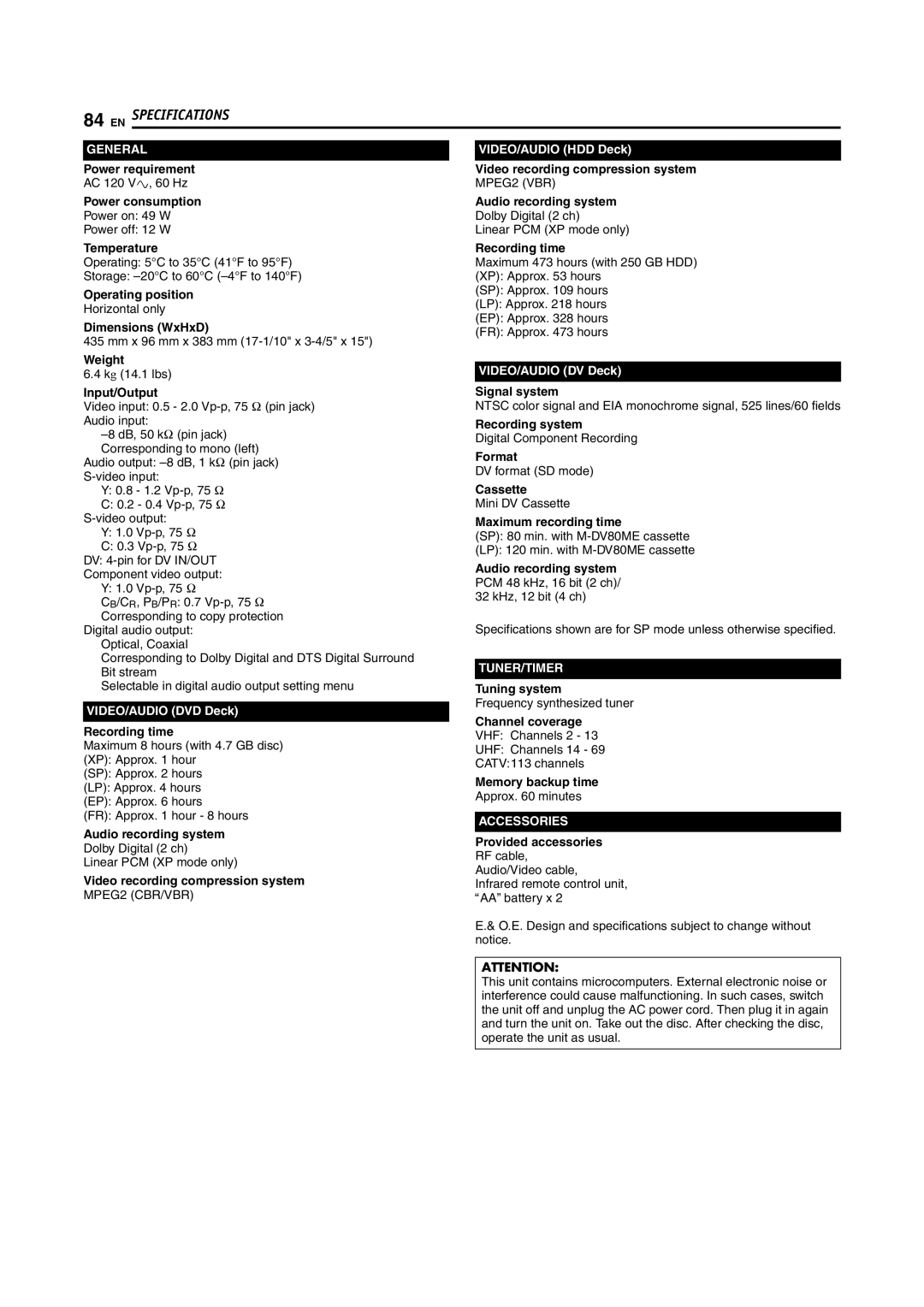 JVC DR-DX5SU Power requirement, Power consumption, Temperature, Operating position, Dimensions WxHxD, Weight, Input/Output 