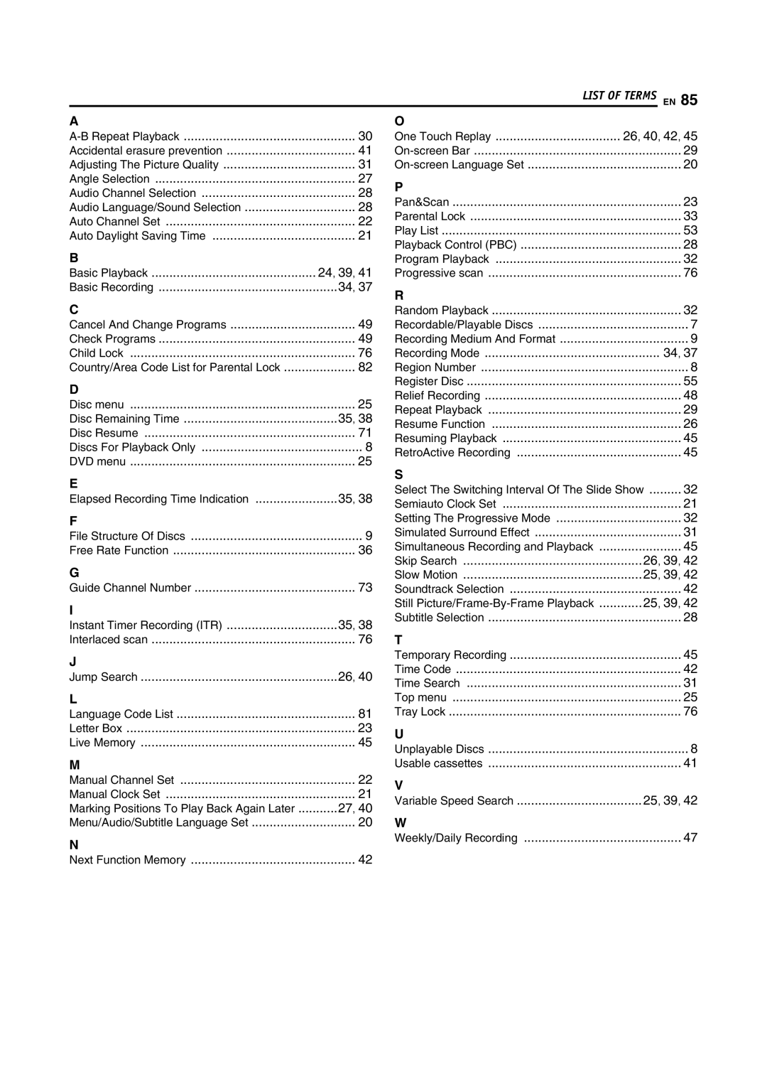 JVC DR-DX5SU Audio Language/Sound Selection, Country/Area Code List for Parental Lock, Elapsed Recording Time Indication 