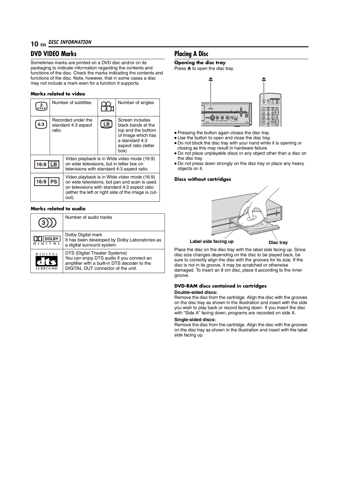 JVC DR-M100S manual DVD Video Marks, Single-sided discs 