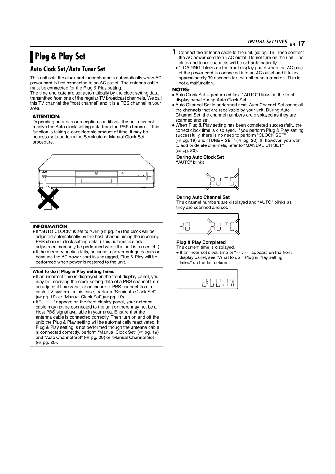 JVC DR-M100S manual Plug & Play Set, Auto Clock Set/Auto Tuner Set, Information 