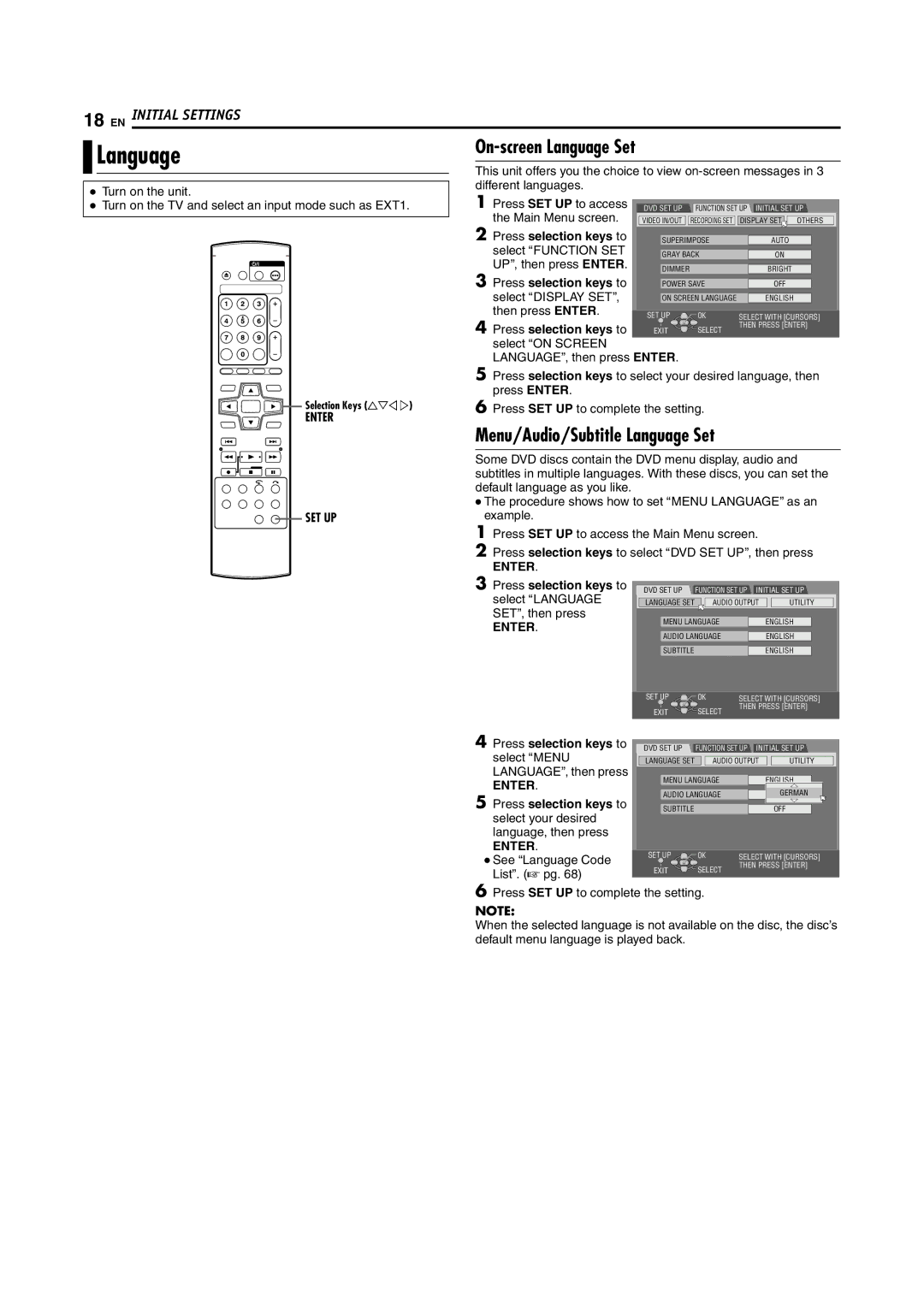 JVC DR-M100S manual Menu/Audio/Subtitle Language Set, Enter, Set Up 