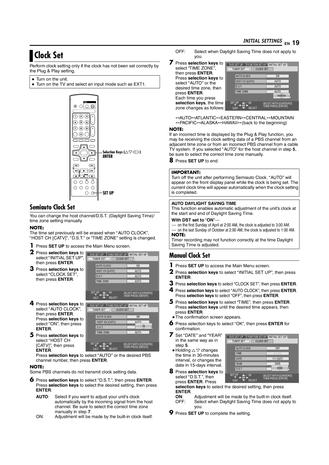 JVC DR-M100S manual Semiauto Clock Set, Manual Clock Set, Enter SET UP, Auto Daylight Saving Time 