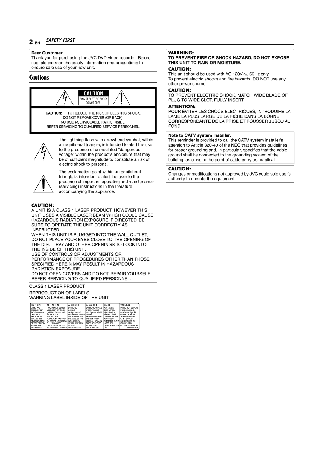 JVC DR-M100S manual Safety First, Dear Customer 