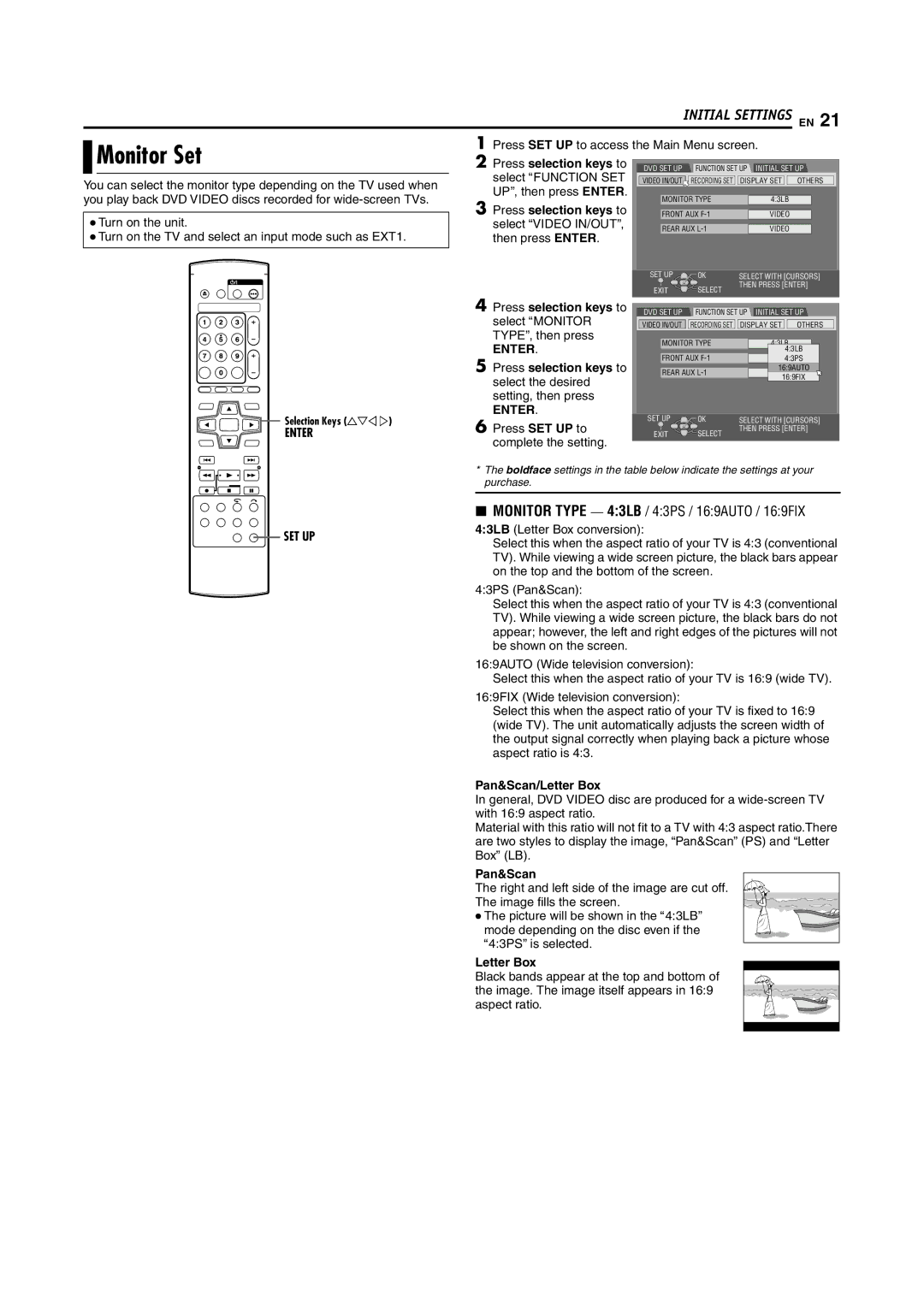 JVC DR-M100S manual Monitor Set, Press selection keys to select Amonitor TYPEB, then press, Pan&Scan/Letter Box 