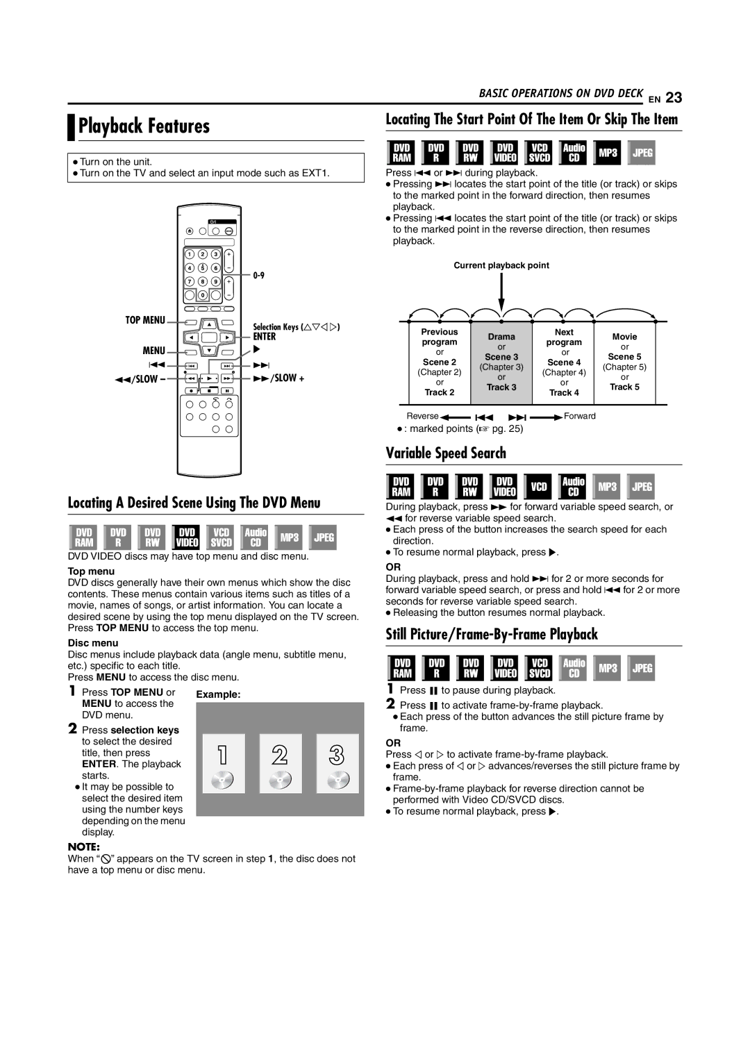 JVC DR-M100S Playback Features, Variable Speed Search, Still Picture/Frame-By-Frame Playback, TOP Menu Slow, Enter Slow + 