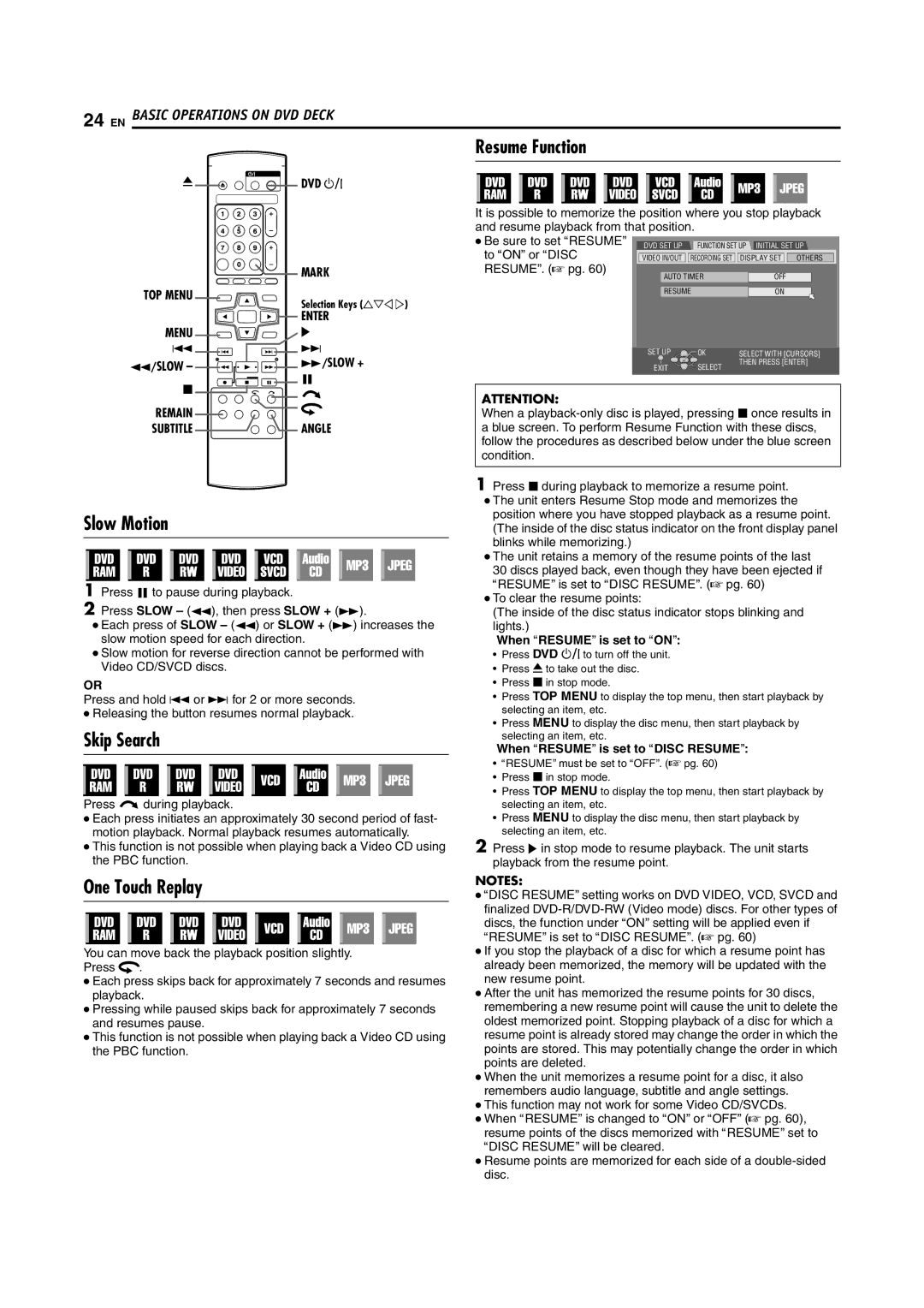 JVC DR-M100S manual Resume Function, Slow Motion, Skip Search, One Touch Replay 