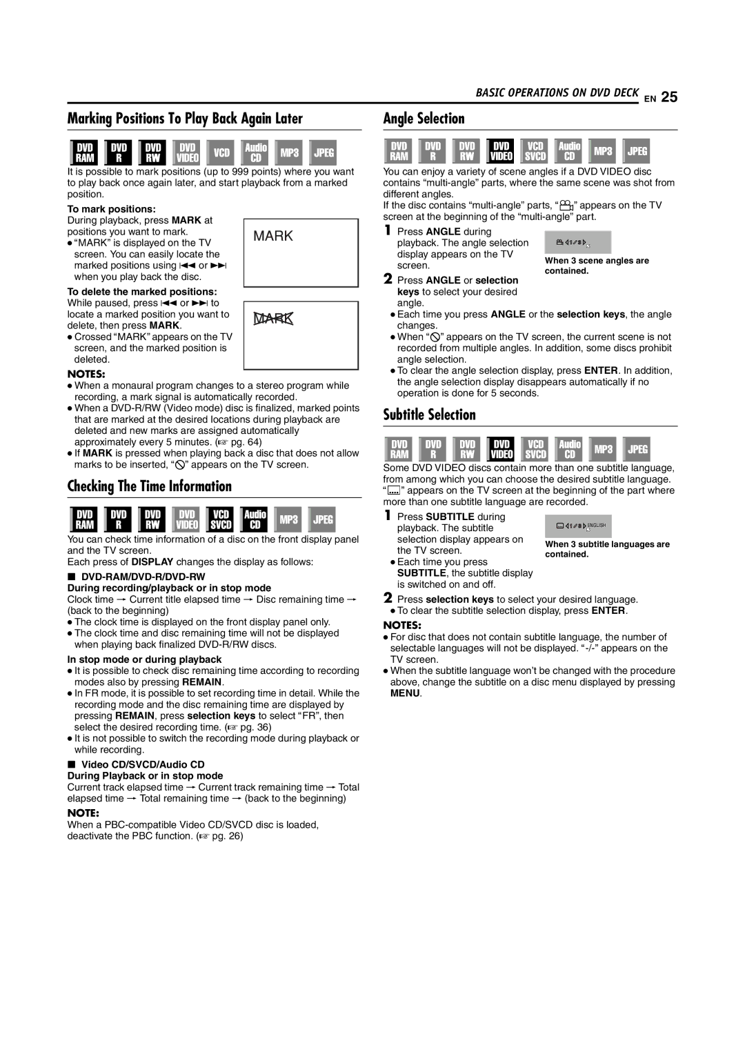 JVC DR-M100S manual Angle Selection, Checking The Time Information, Subtitle Selection, Dvd-Ram/Dvd-R/Dvd-Rw 