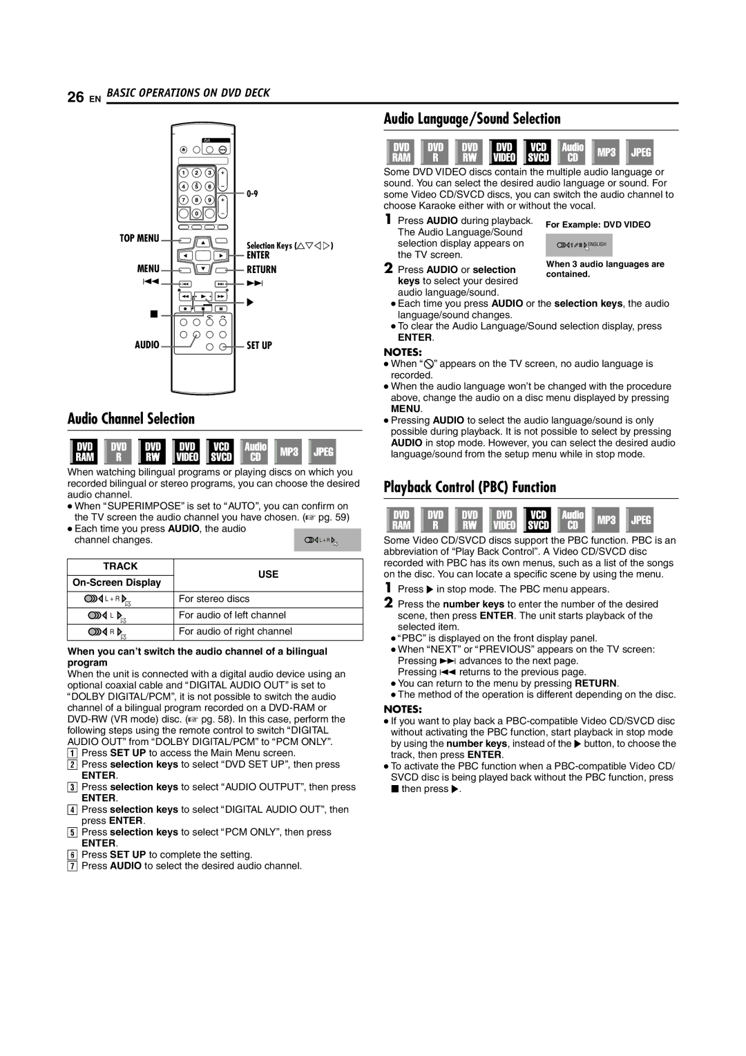 JVC DR-M100S manual Audio Language/Sound Selection, Audio Channel Selection, Playback Control PBC Function, Track USE 