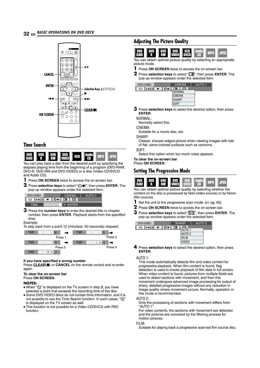 JVC DR-M100S manual Adjusting The Picture Quality, Time Search, Setting The Progressive Mode, Cancel Enter 