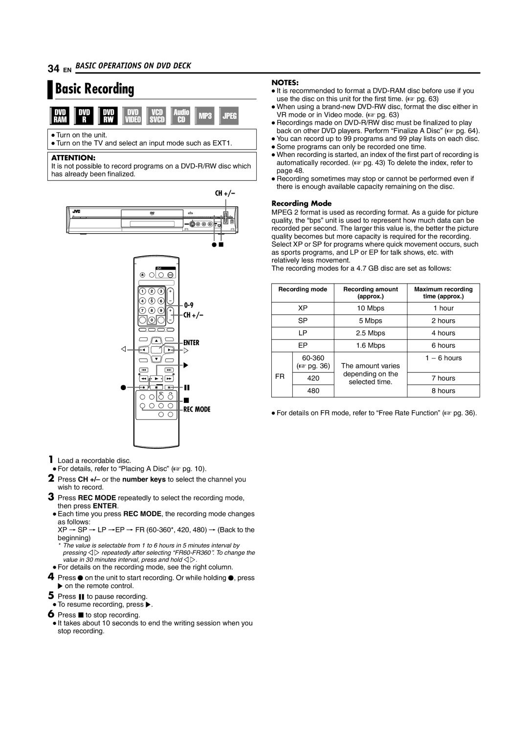 JVC DR-M100S manual Basic Recording, Ch +, Recording Mode, Enter REC Mode 