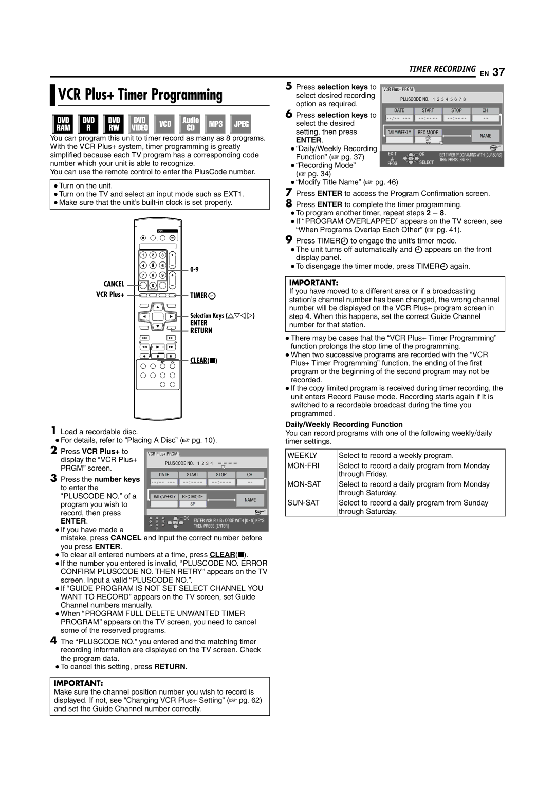 JVC DR-M100S manual Cancel, Enter Return, Press VCR Plus+ to, Press the number keys, Daily/Weekly Recording Function 