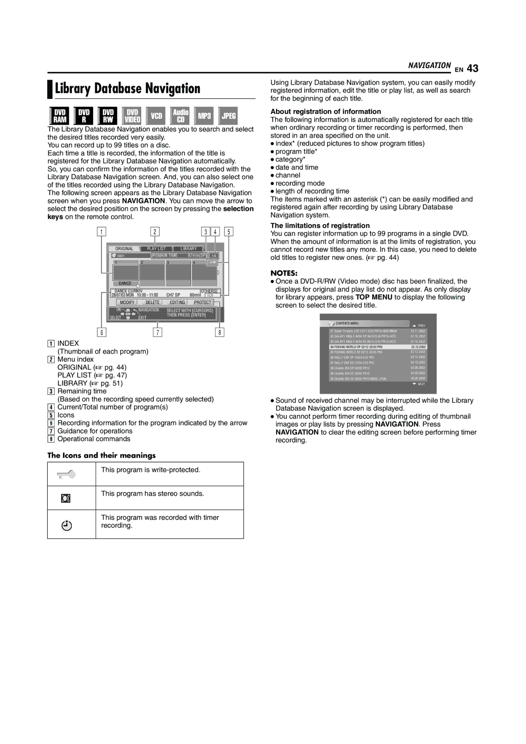 JVC DR-M100S manual Library Database Navigation, About registration of information, Icons and their meanings 