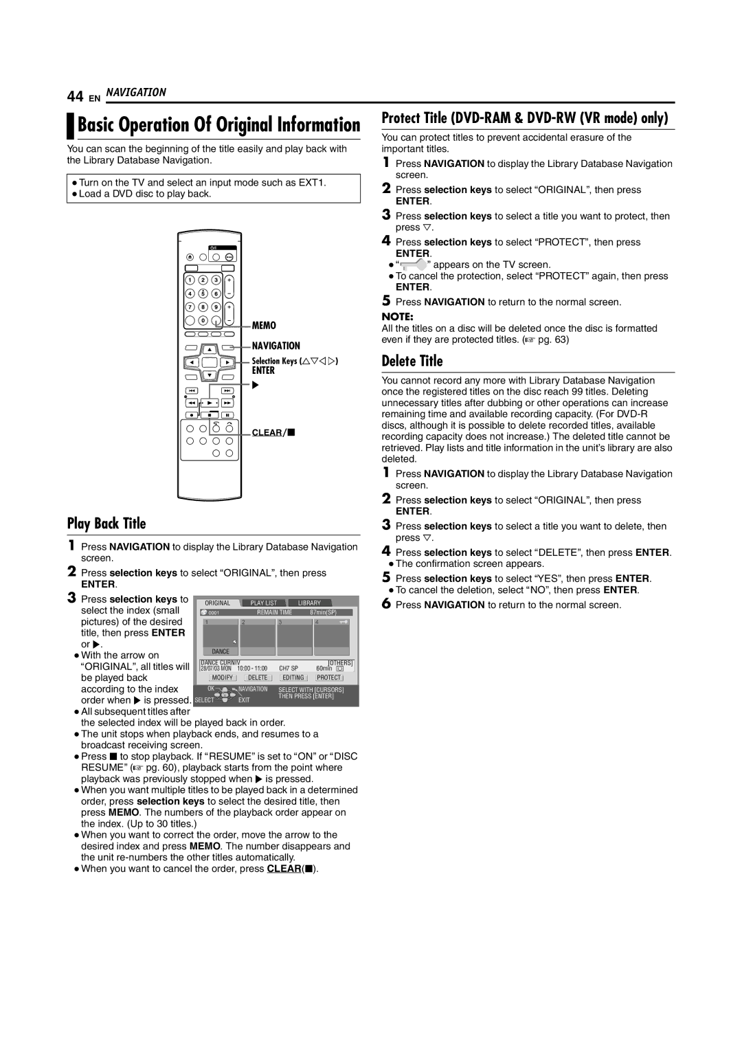 JVC DR-M100S manual Play Back Title, Delete Title, Protect Title DVD-RAM & DVD-RW VR mode only, Memo Navigation 