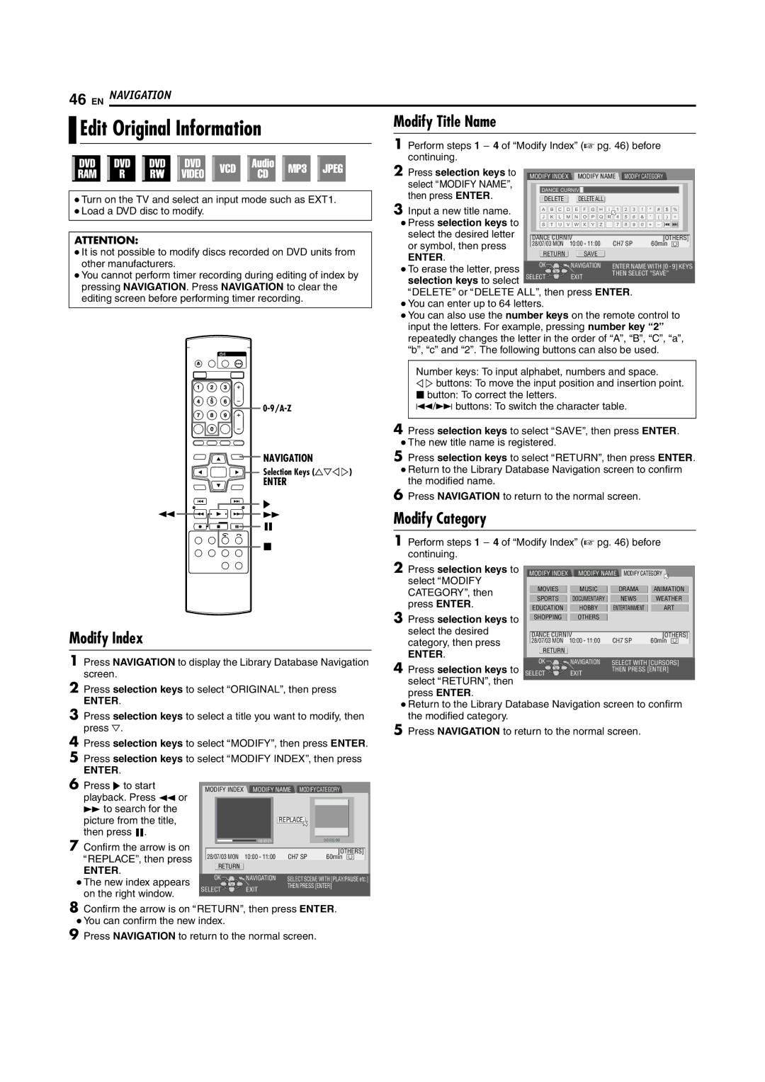 JVC DR-M100S manual Edit Original Information, Modify Index, Modify Title Name, Modify Category 