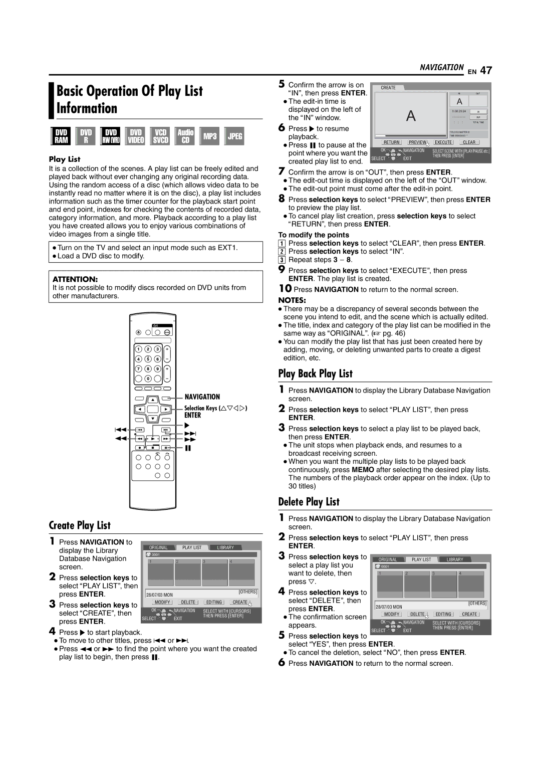 JVC DR-M100S manual Basic Operation Of Play List Information, Play Back Play List, Create Play List 