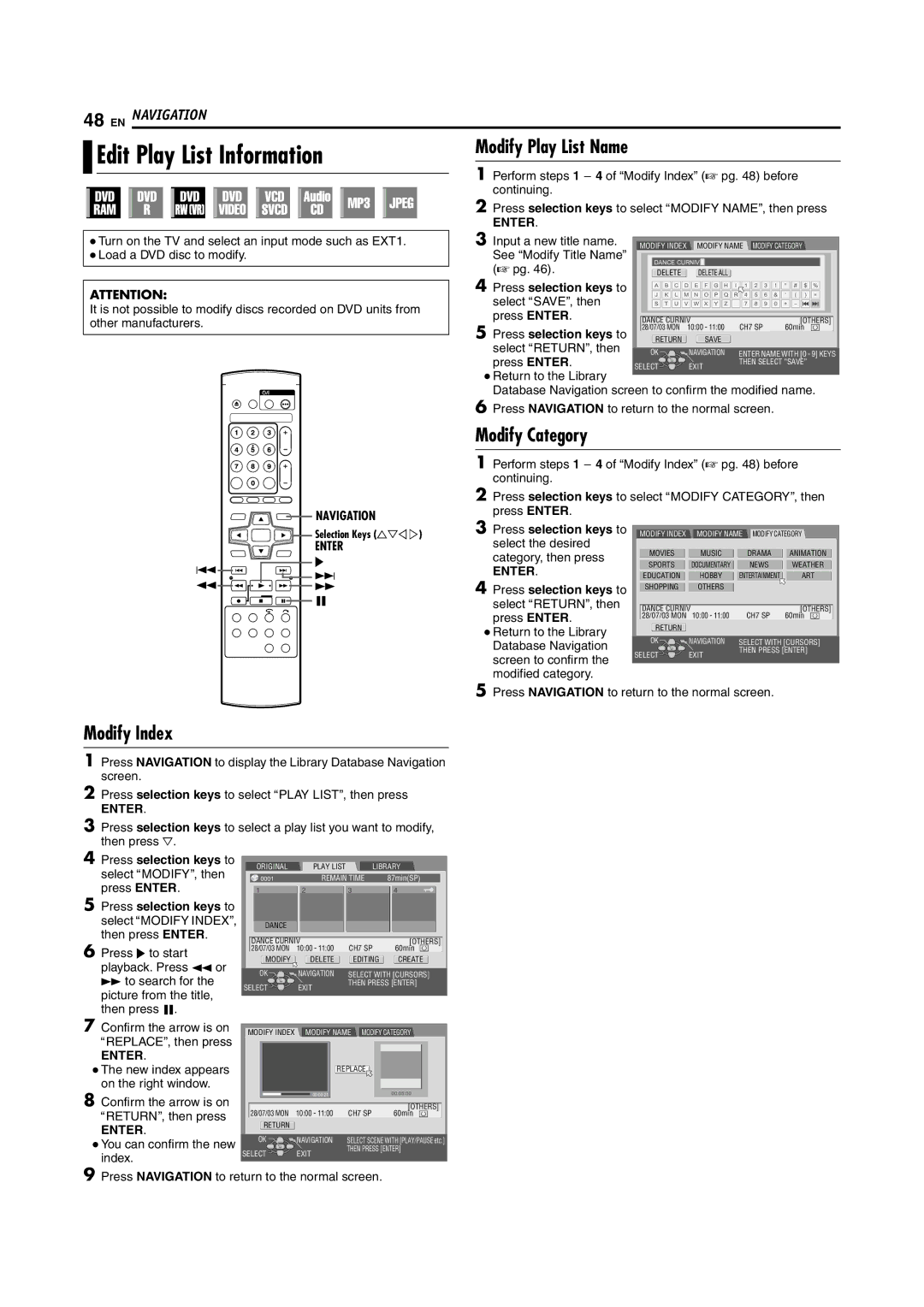 JVC DR-M100S manual Edit Play List Information, Modify Play List Name 