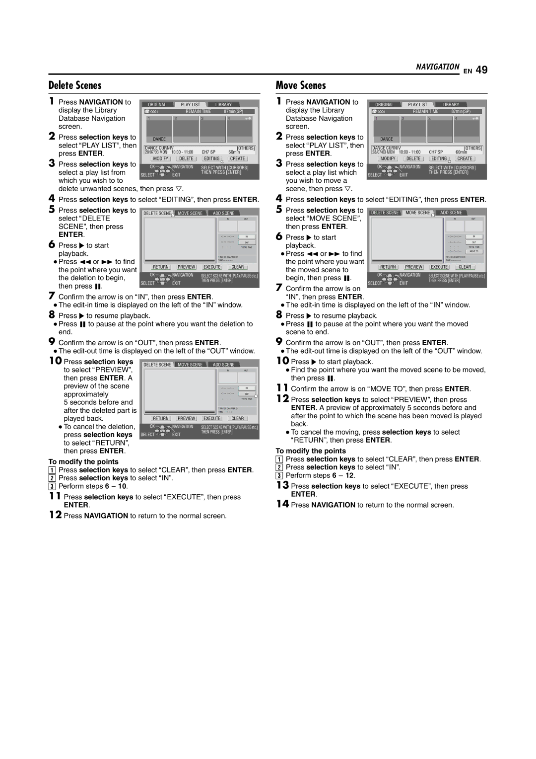 JVC DR-M100S manual Delete Scenes Move Scenes, Press Navigation to 