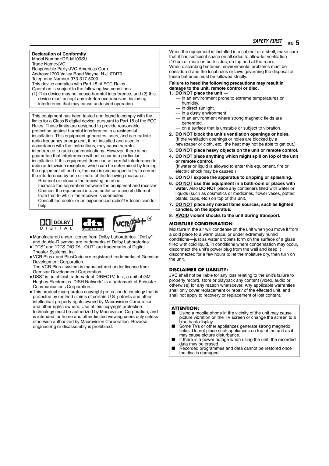 JVC DR-M100S manual Declaration of Conformity, Do not place the unit, Avoid violent shocks to the unit during transport 