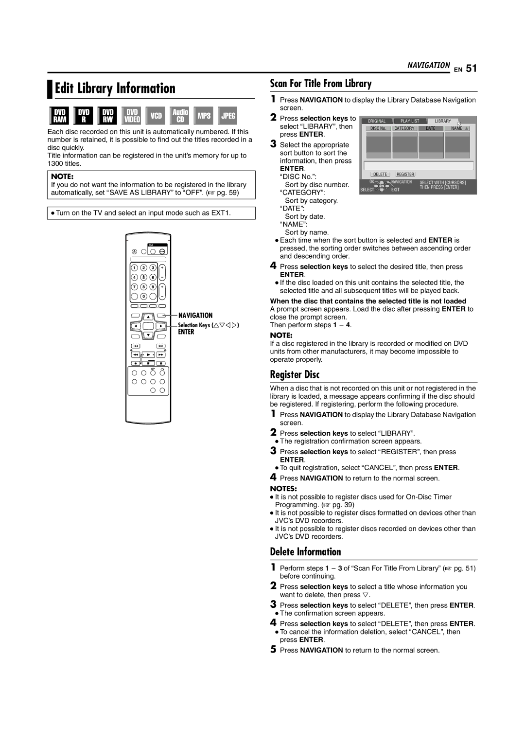 JVC DR-M100S manual Edit Library Information, Scan For Title From Library, Register Disc, Delete Information 