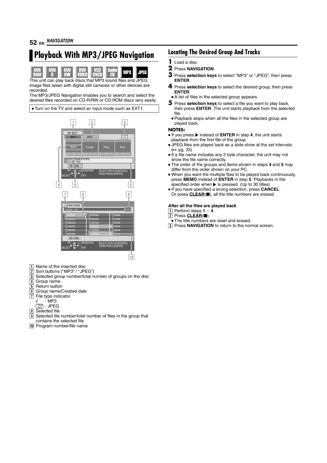 JVC DR-M100S manual Locating The Desired Group And Tracks, Press Navigation, After all the files are played back 