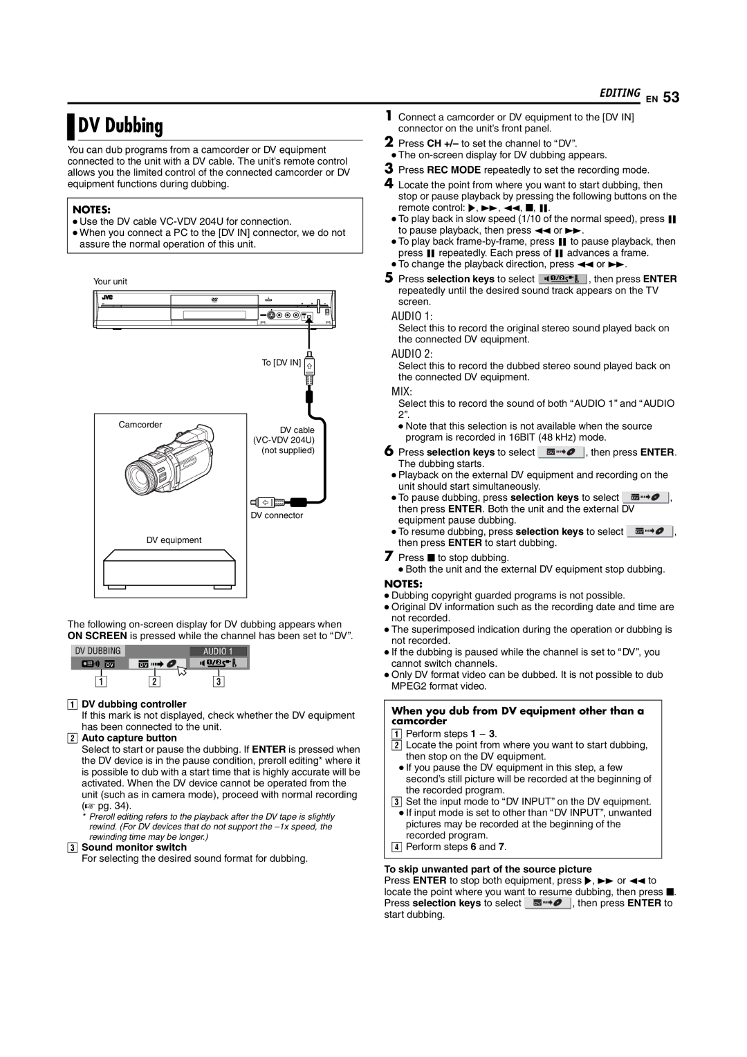 JVC DR-M100S manual DV Dubbing, DV dubbing controller, Auto capture button, Sound monitor switch 