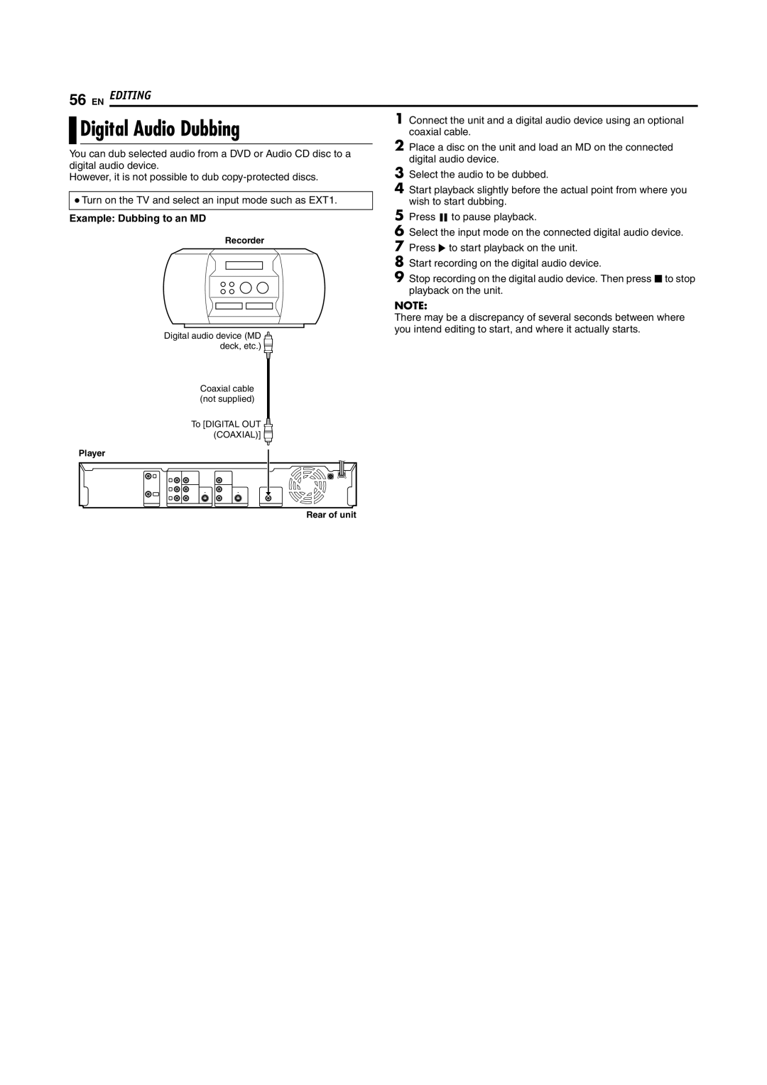 JVC DR-M100S manual Digital Audio Dubbing, Example Dubbing to an MD 